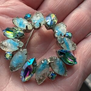 rare vintage Iridescent Blue Aurora Borealis Rhinestone pin brooch 2" X 2" RARE